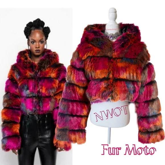 NWT Fur Moto Bright Neon Tie-Dye Moto Zip Up Hooded Fur Puffer